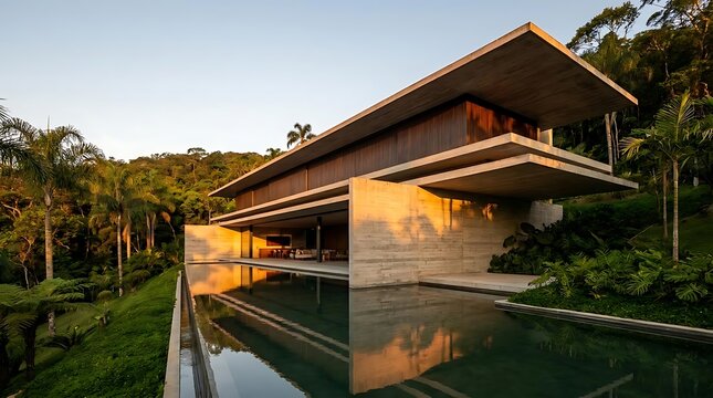 Modern luxury residence with infinity pool nestled amongst lush tropical jungle landscape