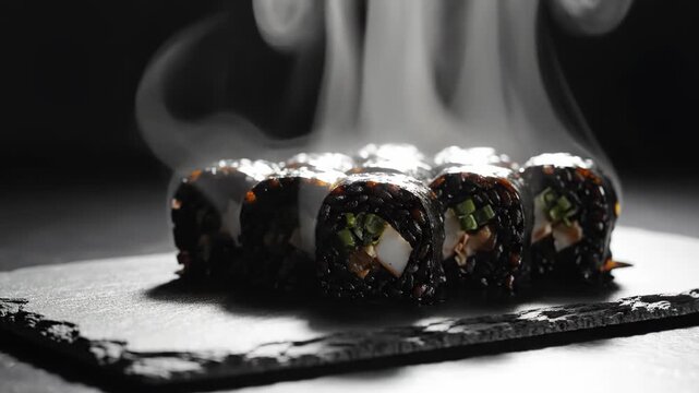Close-up of black rice sushi rolls on a textured slate board with rising white steam against a dark matte background, showing fresh seafood and scallion fillings under cinematic light.