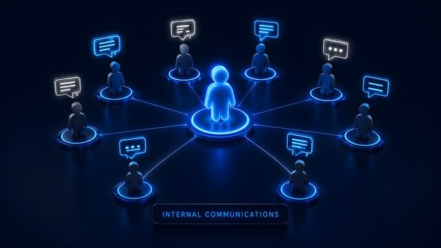 3D network diagram of glowing blue figures connected by lines with chat bubbles and internal communications text on dark background.