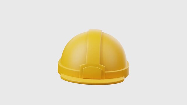 3D render of a classic yellow construction hard hat helmet, isolated on transparent background, alpha channel. Perfect for safety, building sites, engineering, industrial. Looped animation