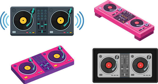 Dj mixer console turntable set with flat and isometric audio equipment for music mixing vector