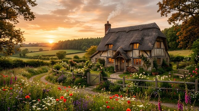 Cozy 1800s cottage in a flower garden. Rustic countryside home at sunset.