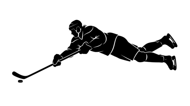 Ice hockey player silhouette diving for puck, professional athlete in action pose vector, black and white sports graphic for team logos and apparel