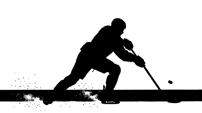 Ice hockey player silhouette in action, professional athlete skating with stick and puck, black and white sports vector illustration on white background