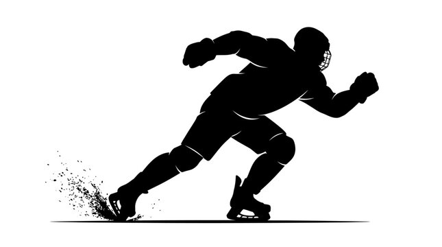 Ice hockey player silhouette in action, dynamic athlete skating on rink with ice spray, black and white sports vector illustration for team logos