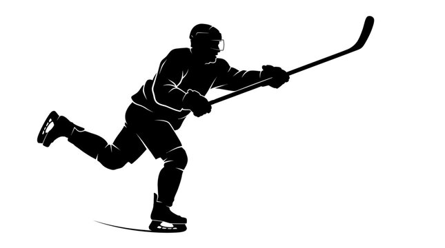 Ice hockey player silhouette in action, professional athlete skating with stick, black and white sports vector illustration for team branding