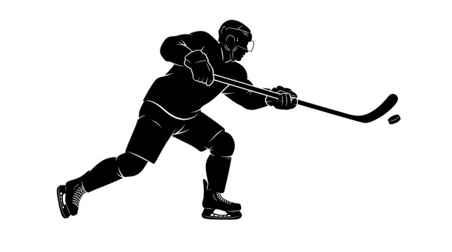 Ice hockey player silhouette taking a slap shot, professional athlete in motion with stick and puck, dynamic winter sports vector illustration