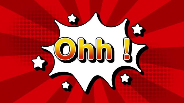Ohh text word lettering popup comic cartoon reveal with bomb and smoke explosion manga anime book page dots with radial speed lines doodle red background with seamless loop animation retro clip
