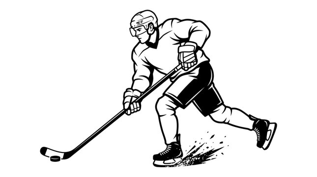 Ice hockey player skating with stick and puck, black and white sports vector illustration, dynamic athlete in motion for team logo or jersey design