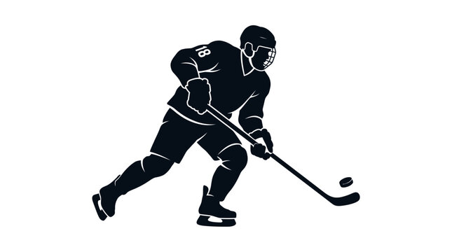 Ice hockey player silhouette vector, professional athlete skating with stick and puck, black and white sports graphic for team logos