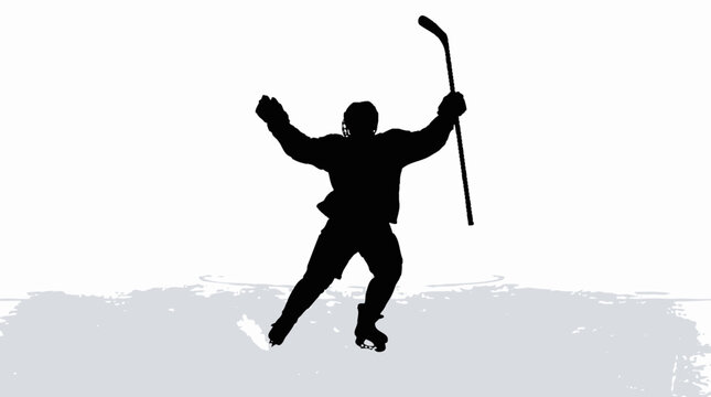 Ice hockey player silhouette celebrating goal, professional athlete on skating rink, winter sports competition vector illustration