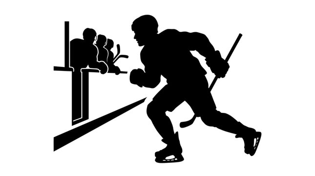 Ice hockey player silhouette skating past team bench, professional hockey athlete action vector, winter sports competition graphic element