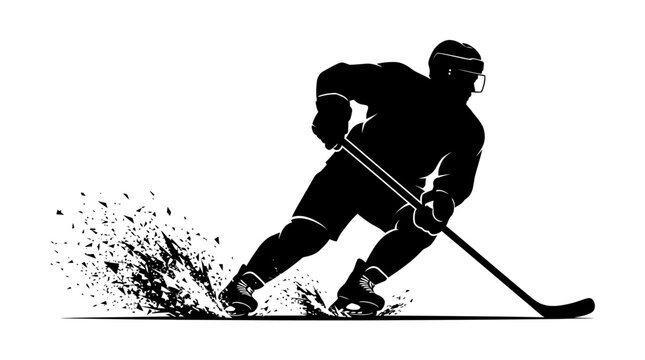 Ice hockey player silhouette with splashing ice, professional athlete skating with stick vector, dynamic winter sports action graphic on white background