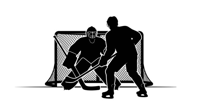 Ice hockey player silhouette attacking goalie, professional hockey match vector illustration, winter sports competition graphic on white background