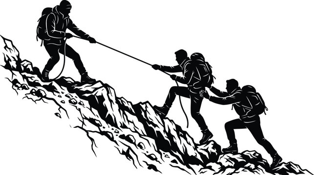 Team of Mountain Climbers Silhouette Helping Each Other Climb Rocky Peak with Rope Teamwork Concept