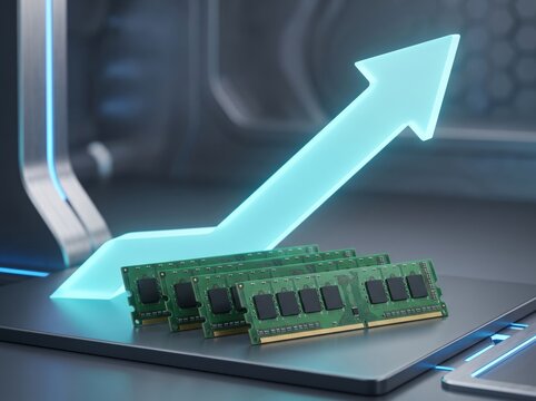 RAM Upgrade Performance: A stack of computer RAM modules is displayed with a luminous blue upward-trending arrow, symbolizing performance enhancement and technological advancement.
