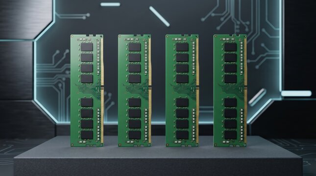 Computer RAM Modules: Four green RAM modules are displayed on a dark stand against a futuristic, glowing background suggesting technology and innovation.