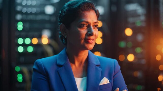 A confident professional woman, dressed in a blue suit, stands in front of a backdrop of glowing server racks, exuding leadership and expertise in technology.