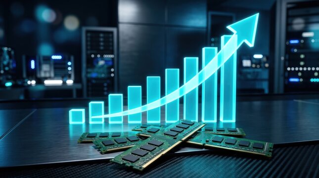 Technological Advancement and Growth: A neon blue rising bar graph overlaid with an upward-trending arrow symbolizes growth and progress, set against a backdrop of servers and RAM sticks.