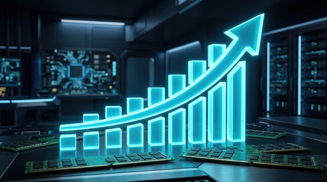 Digital Growth Chart: A neon blue glowing bar chart with an upward arrow symbolizing growth and progress is displayed in a futuristic.