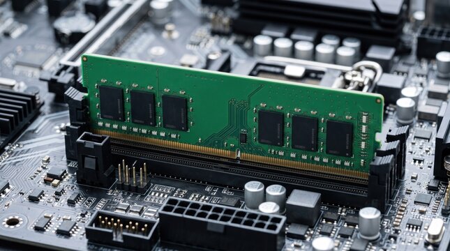 Computer Memory Module Installation: A close-up shot shows a green RAM stick being inserted into a motherboard slot, highlighting the intricate circuitry of modern computing hardware.