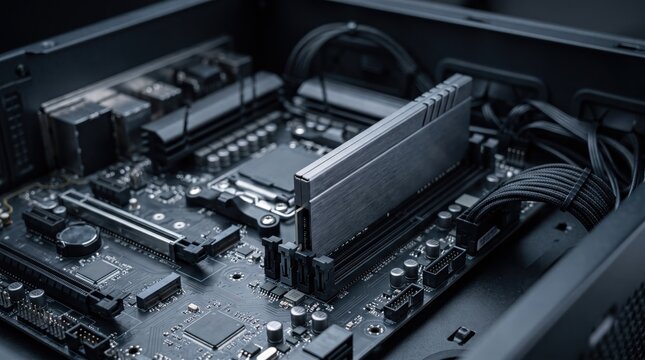 Computer Motherboard Close-up: A detailed, high-angle view of a modern computer motherboard, showcasing its intricate circuitry, RAM slots, and cooling components within a dark PC case.