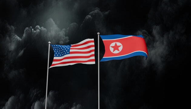 USA and North Korea Flags Waving Together: Two national flags, the Stars and Stripes of the United States and the flag of North Korea, are dramatically displayed waving together against a dark.