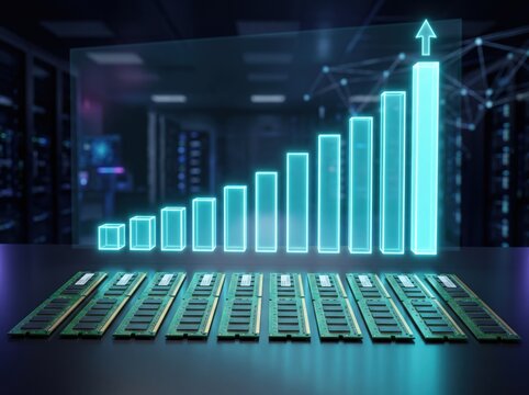 Digital Growth Chart in Server Room: A glowing digital bar chart symbolizing growth and success stands tall amidst rows of computer RAM modules in a futuristic server room.