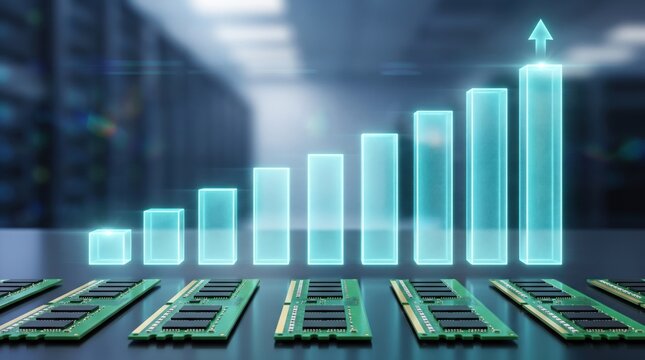 Data Growth and Technology: A holographic bar chart showing upward growth is superimposed over a rack of computer RAM modules, symbolizing rapid technological advancement and data expansion.