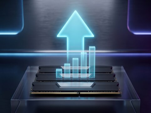 Technological Advancement: A futuristic representation of technological progress, featuring RAM modules illuminated by a glowing upward arrow and a holographic bar graph.