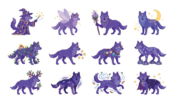 Set of cute magical wolves with galaxy patterns and fantasy elements isolated on a white background for stickers