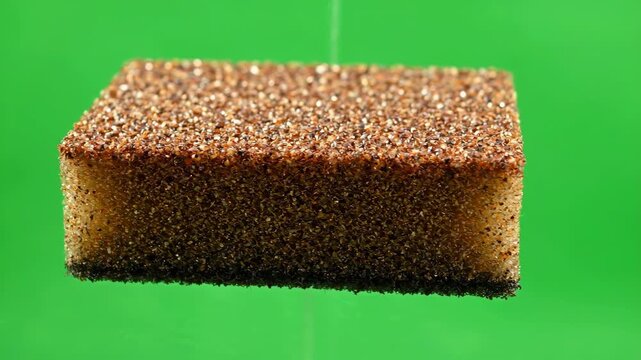 Abrasive Sponge: A single, brown abrasive sponge, suspended in mid-air against a vibrant green backdrop, showcases its textured surface and potential for cleaning and scrubbing tasks.
