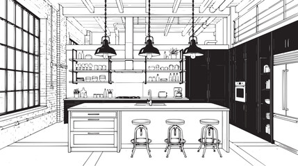 Industrial kitchen interior sketch, modern loft kitchen with island and bar stools, architectural line art of a luxury kitchen design isolated on White Background © Iram