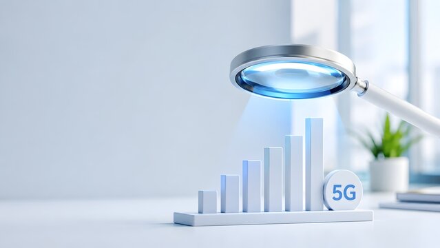 5G network technology and business growth analysis with magnifying glass scanning rising financial bar chart on minimalist desk 3d render