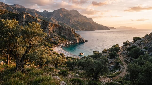 A serene sunset view over a hidden Mediterranean cove in Turkey, featuring rugged mountains, lush olive trees, and a tranquil pebbled beach framed by rocky cliffs and warm golden hour light.