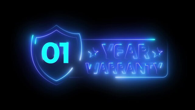One year warranty neon sign. Glowing blue shield badge for product guarantee.