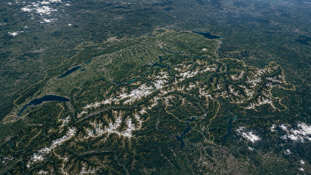 Detailed aerial map of Switzerland with snow-covered mountains, alpine lakes and surrounding European terrain.