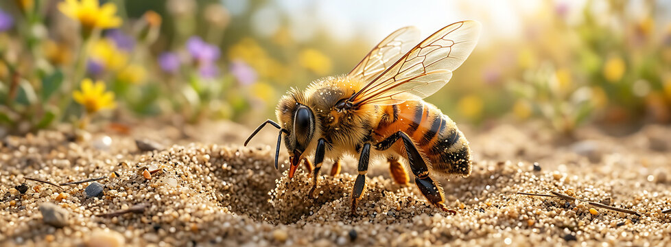 Macro shot of a bee working in a sunny meadow