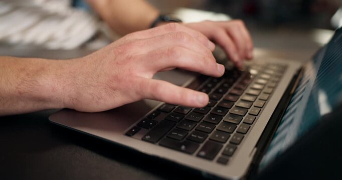 Creative, laptop or hands in office with keyboard, SEO research or pitch draft for campaign. Above, man or marketing advisor with typing, advertising strategy or proposal edit for brand development.