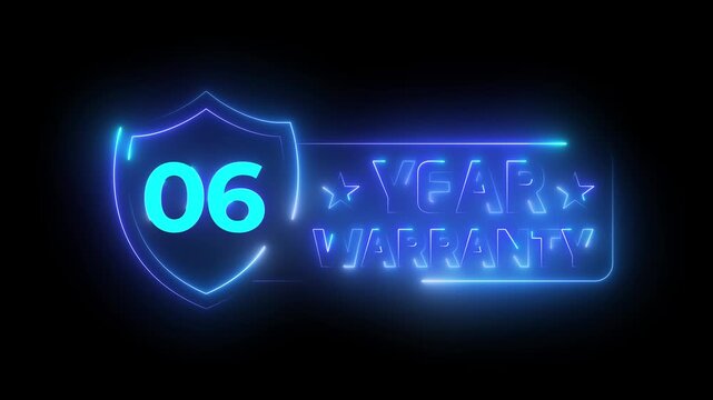 Six year warranty neon sign animation. Glowing blue shield badge for product guarantee.