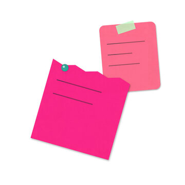 Two pink sticky notes with text on a surface