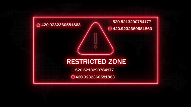 Neon red restricted zone warning sign with dynamic digital data coordinates and cyber security interface overlay for high-tech surveillance, military access control, and futuristic science fiction