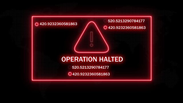 Digital cyber security alert interface featuring a glowing red warning sign with operation halted text and rapidly changing numerical data streams for futuristic technology and network protection