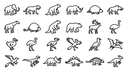 Prehistoric animal line icons set, extinct megafauna and dinosaur vector illustrations, 24 ancient wildlife species outline graphics for education © Ghulam