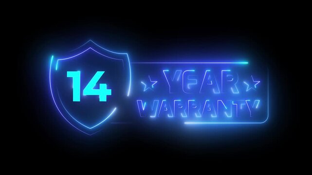 Glowing Cyan Blue Neon 14 Year Warranty Shield Badge Animation with Electric Light Line Border on Black Background 4k video