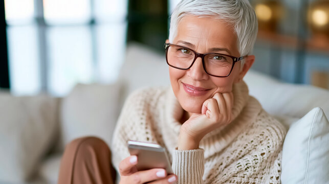 A positive elderly woman with a smartphone in her hand sits on the sofa at home