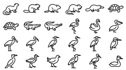 Minimalist animal line icons, set of 24 wetland wildlife vector symbols, black outline aquatic birds and reptiles for nature infographics © Ghulam