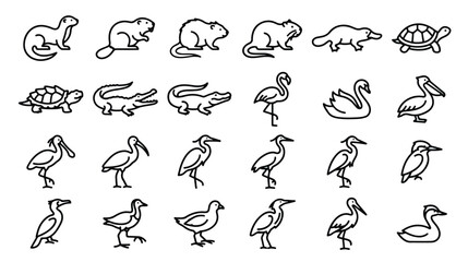 Minimalist wetland animal icons, 24 black line art vector illustrations of water birds and semi-aquatic wildlife, simple nature symbols for web design © Ghulam
