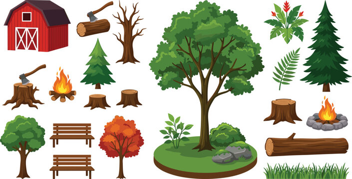 Red barn and forest nature element set with big tree campfire stump log bench and pine vector