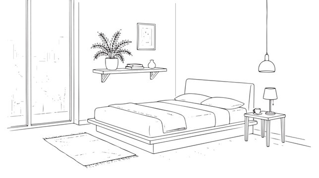 Minimalist bedroom interior line art, modern bedroom sketch with double bed and furniture, cozy home living room vector illustration isolated on White Background